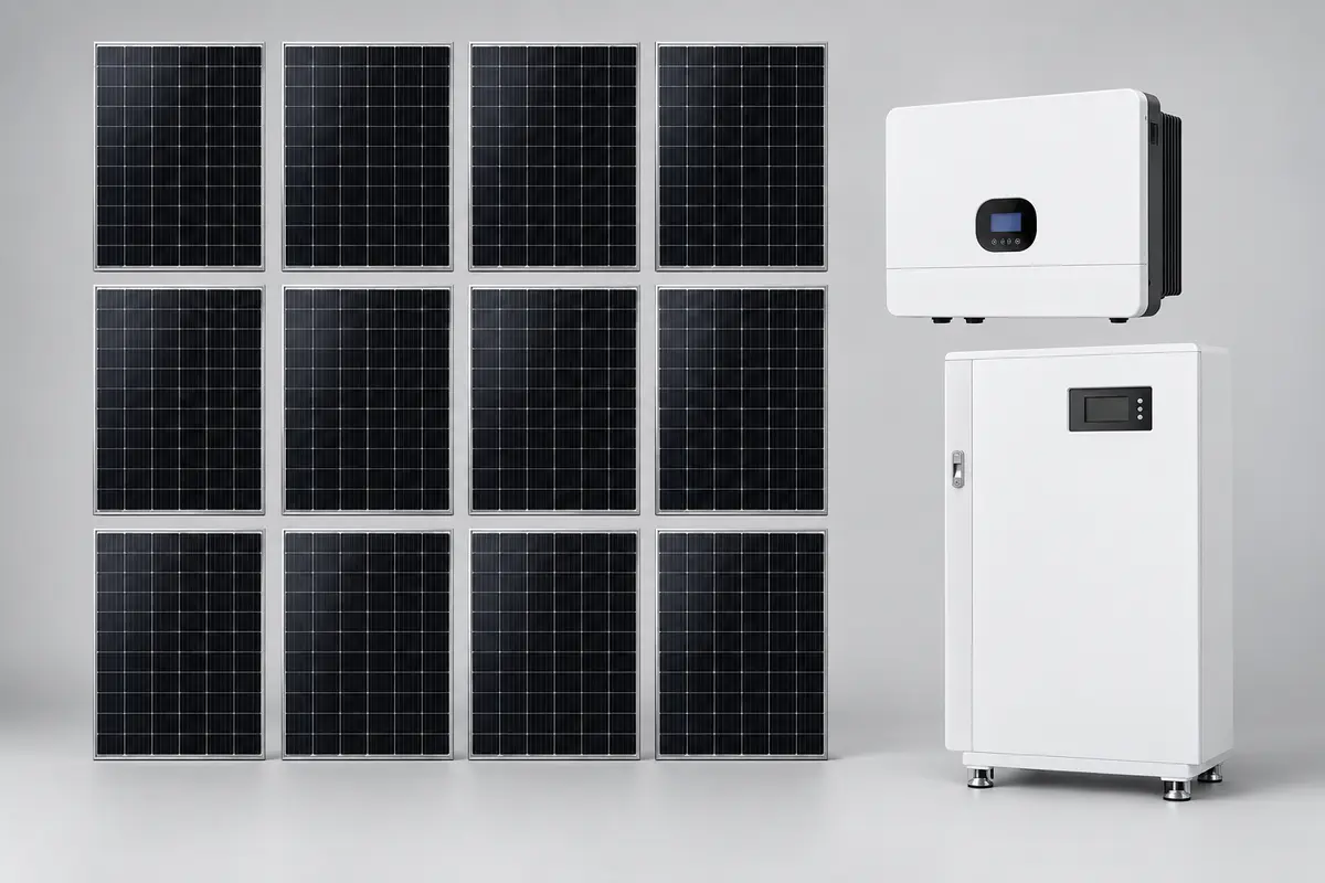 Imagen referencial de doce paneles solares, inversor y batería de litio