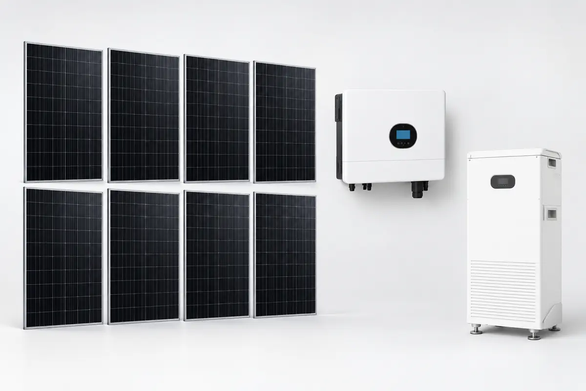 Imagen referencial de ocho paneles solares, inversor off-grid y batería de litio