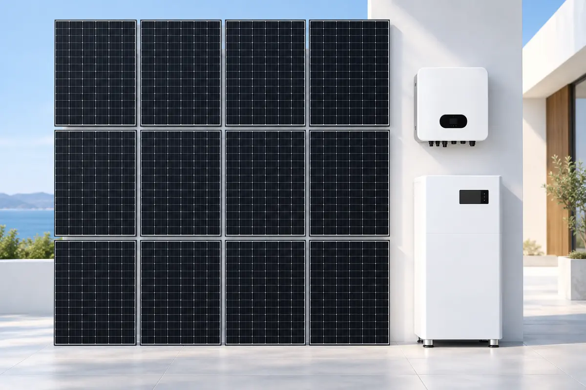 Imagen ilustrativa de doce paneles solares, inversor híbrido y batería de litio