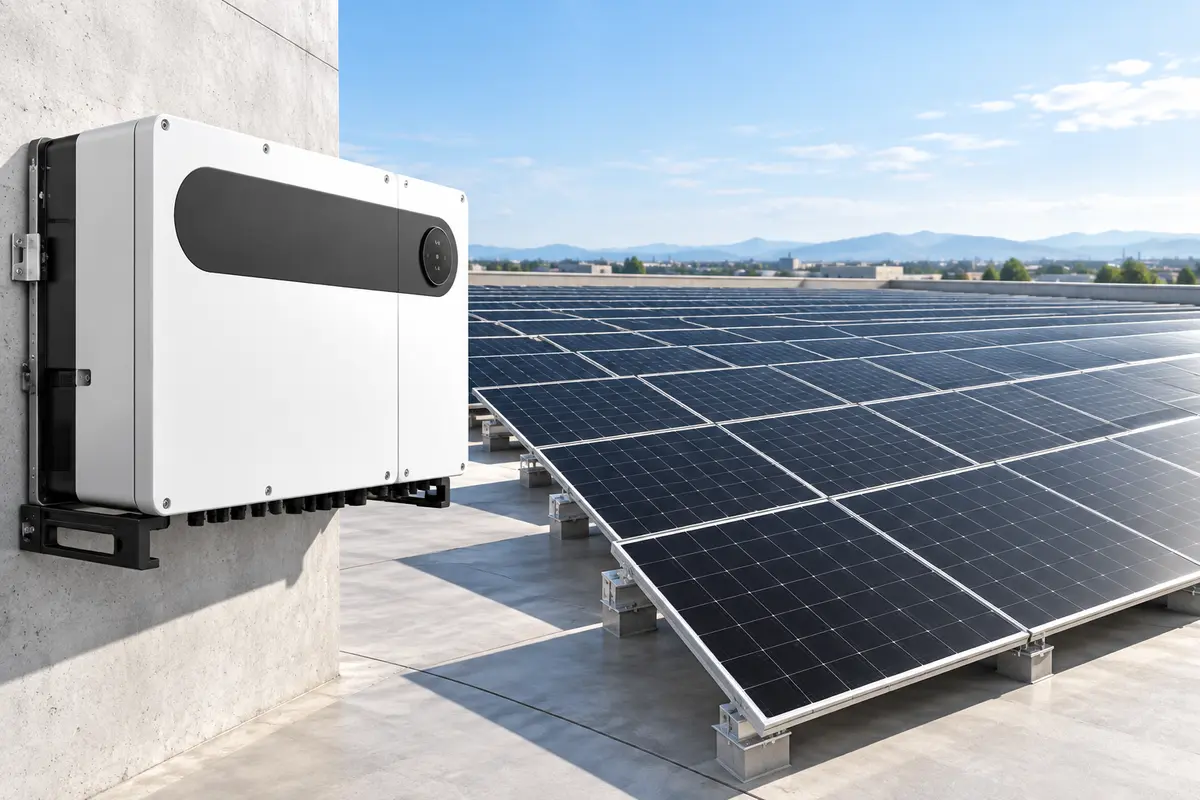 Imagen ilustrativa de un campo fotovoltaico comercial y un inversor trifásico
