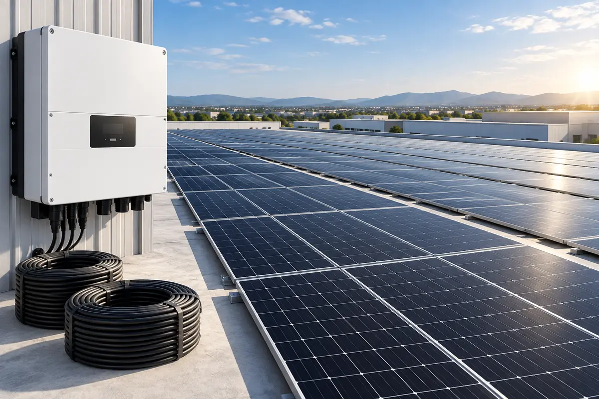 Imagen ilustrativa de un campo fotovoltaico industrial, inversor trifásico y rollos de cable solar