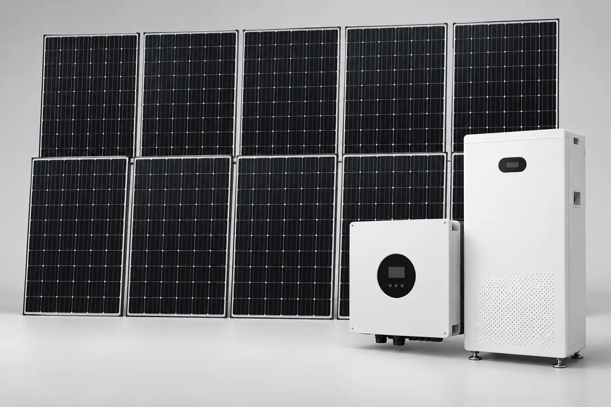 Imagen referencial de diez paneles solares, inversor y batería de litio