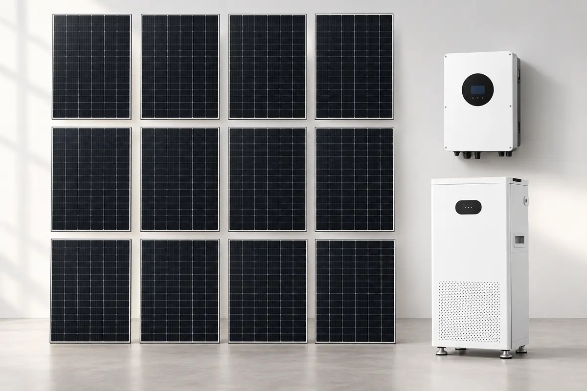 Imagen referencial de doce paneles solares, inversor y batería de litio