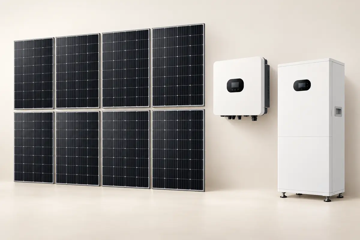 Imagen referencial de ocho paneles solares, inversor y batería de litio