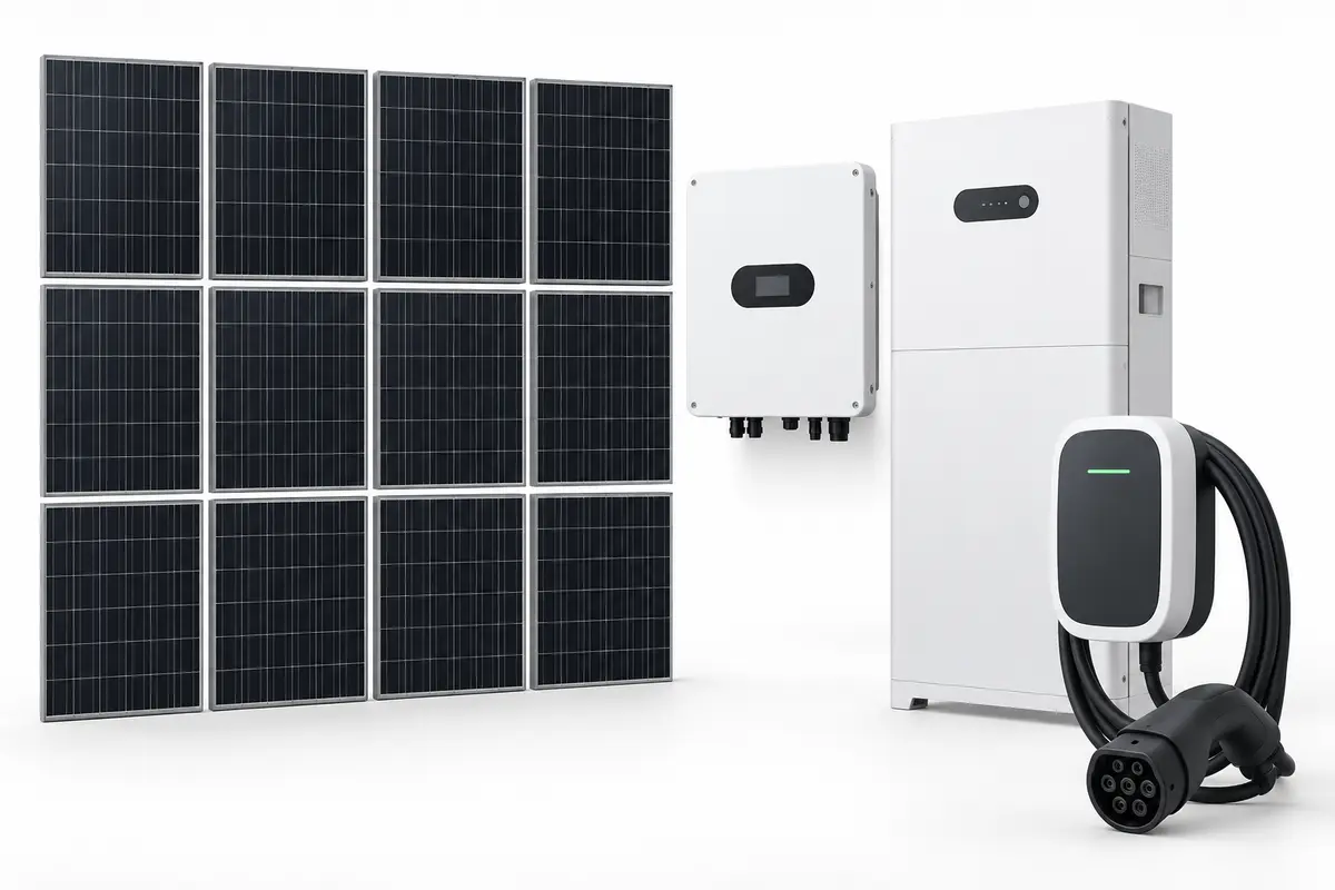 Imagen referencial de paneles solares, inversor, batería y cargador para vehículo eléctrico