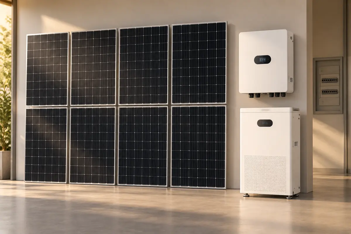 Imagen ilustrativa de ocho paneles solares, inversor híbrido y batería de litio